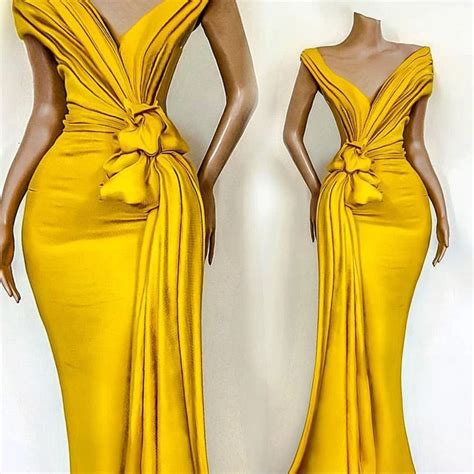 Yellow 2020 African Evening Dresses Pleats Knoted Mermaid Prom Gowns V ...