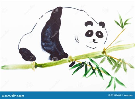 Panda on Bamboo Trunk on White Paper Stock Illustration - Illustration ...