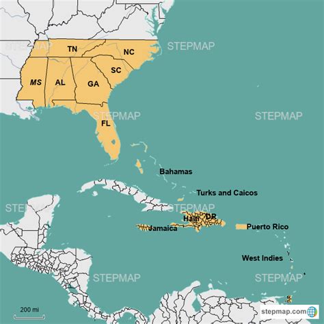 StepMap - South East US And Caribbean - Landkarte für USA