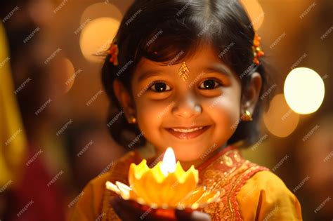 Premium AI Image | Cute Indian little girl holding diya or oil lamps for Diwali Celebration