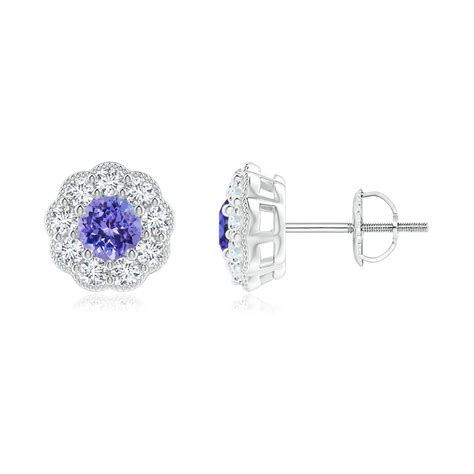 Vintage Style Round Tanzanite Halo Stud Earrings | Angara