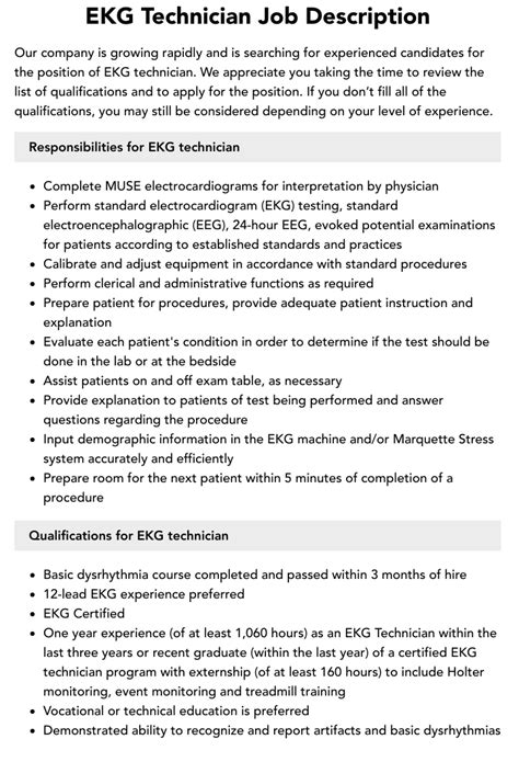 EKG Technician Job Description | Velvet Jobs