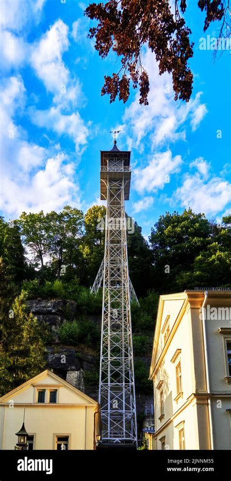 Bad Schandau, Germany, July 16, 2021: Historic elevator that takes tourists from the Elbe Valley ...