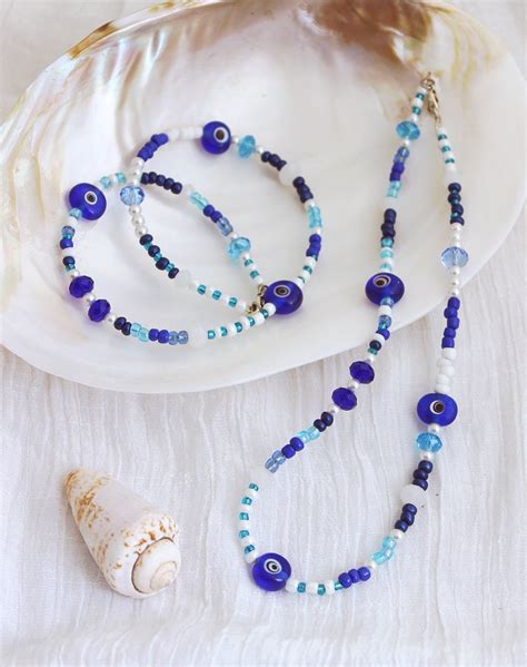 Evil Eye Blue White Necklace-evil Eye Jewelry-beaded Necklace-blue ...