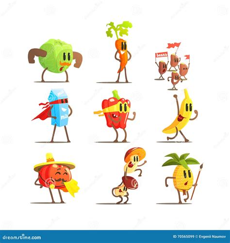 Healthy Food Cartoon Characters Set Stock Vector - Illustration of farm ...