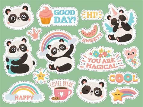 Cute panda stickers. Happy pandas patches, cool animals and winked panda sticker vector ...