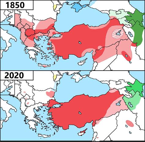 Distribution of Turkic peoples in 1850 and 2020 : r/KGBTR