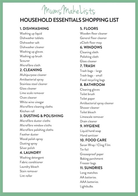 HOUSEHOLD ESSENTIALS SHOPPING LIST: CHECKLIST FOR CLEANING, LAUNDRY AND ...