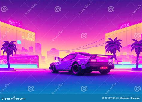 80s Retro Futuristic Drive, Vintage Car. Synthwave Sci-fi Landscape. Retrowave Style, Night Sky ...