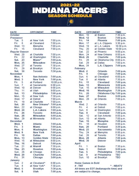 Indiana Pacers Printable Schedule 2023-24