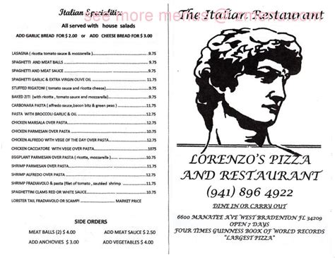 Menu at Lorenzo's pizzeria, Bradenton