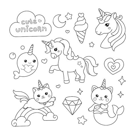 Premium Vector | Cute Unicorn elements drawing coloring page illustration