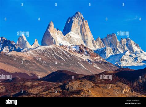 Fitz Roy mountain close up view. Fitz Roy is a mountain located near El Chalten village in the ...