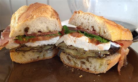 Grilled eggplant, prosciutto, mozzarella, basil and tomato sandwich - LOVE-the secret ingredient