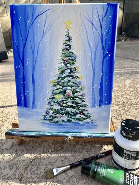 How To Paint A Christmas Tree In A Snowy Forest | Christmas canvas art ...