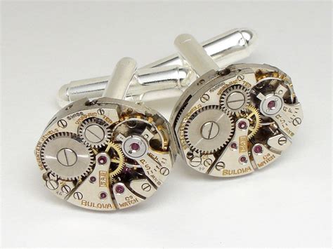 Steampunk Cufflinks Vintage Bulova watch movements gears wedding anniversary grooms silver cuff ...