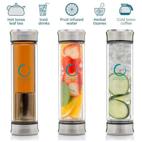 Glass Tea Infuser Bottle with Double Lid - 13 oz - Pure Zen Tea