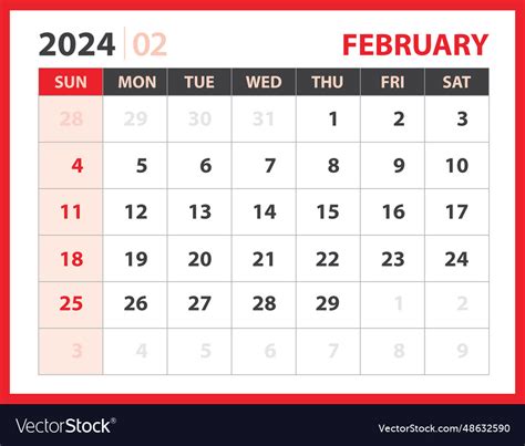 February 2024 template calendar design Royalty Free Vector