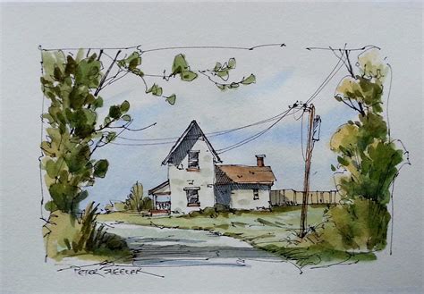 Fall Farm Line and Wash Watercolor