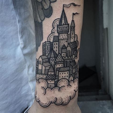 Black mid-sized castle tattoo inked on the left outer wrist | Woodcut tattoo, Castle tattoo ...