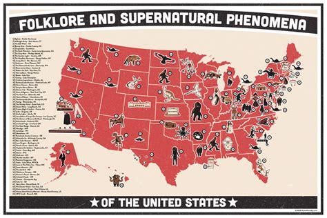 Folklore and Supernatural Phenomena Of The United States Map Chart Bigfoot Spooky Urban Legends ...