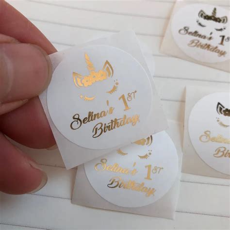 30 Custom Unicorn First 1st birthday party gold stickers favors labels personalized souvenir ...