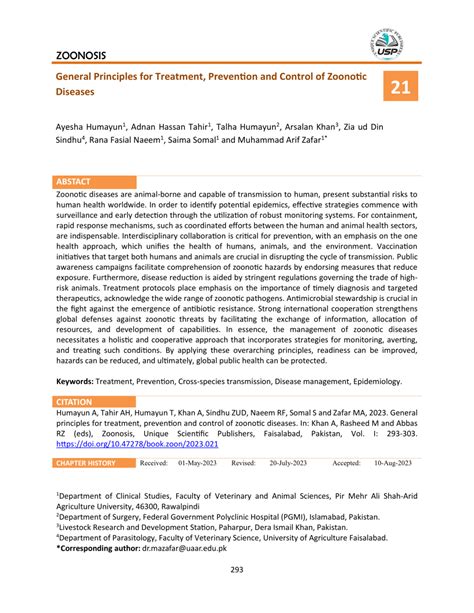 (PDF) ZOONOSIS General Principles for Treatment, Prevention and Control of Zoonotic Diseases