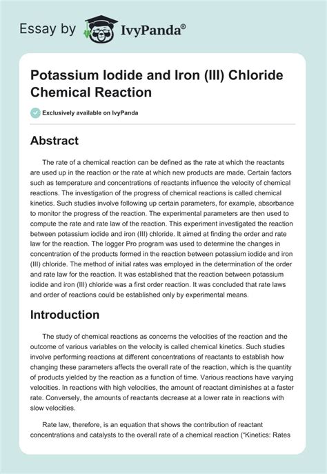 Potassium Iodide and Iron (III) Chloride Reaction - 1683 Words | Report Example