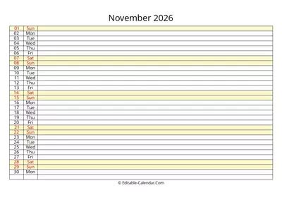 Editable Calendar November 2026 in Excel, Word, PDF