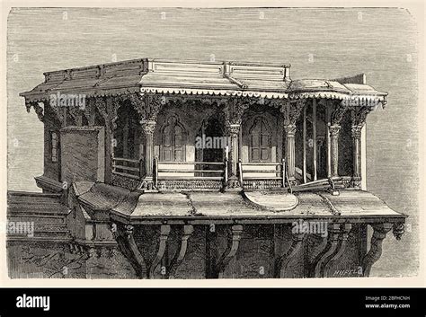 Queen Palace Pavilion, Vadodara (Baroda). Gujarat, India. Old engraving ...