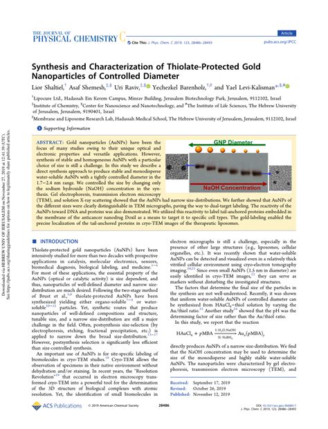 (PDF) Synthesis and Characterization of Thiolate-Protected Gold ...