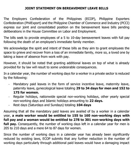 JOINT STATEMENT ON BEREAVEMENT LEAVE BILLS | Employers Confederation of the Philippines