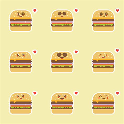 Kawaii burger cartoon character - cute vector template set of mascot illustrations. Gift images ...