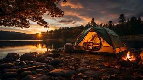 Premium AI Image | Photo camping in the forest by the river with sunset ...