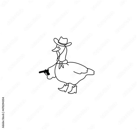 Vector isolated cute cartoon goose in boots and cowboy hat with a gun contour line drawing ...