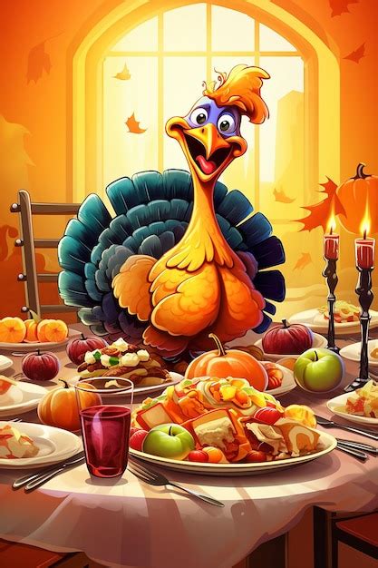 Premium AI Image | funny cartoon turkey thanksgiving dinner