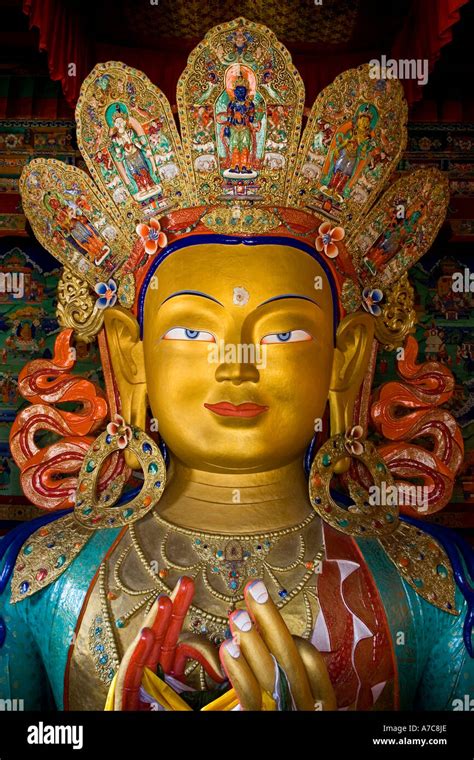 Detail of the beautiful massive Buddha standing inside Thiksey Monastery Thiksey Ladakh Indian ...