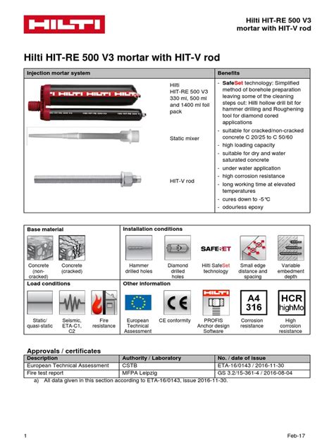 Hilti HIT-RE 500 V3 Mortar With HIT-V Rod: Injection Mortar System Benefits | PDF ...