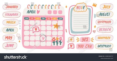 Cute Stickers Calendar Template Monthly Planner Stock Vector (Royalty ...