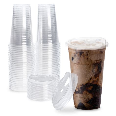 [50 Pack] Disposable Strawless Plastic Cups with Lids - 24 Oz Clear Plastic Cups and Sippy Cups ...