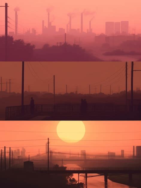 Premium AI Image | a series of pictures with a sunset and a city in the background.