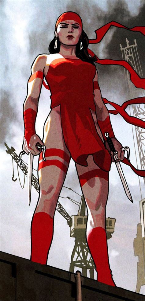 a woman in red is standing on top of a building and holding two swords ...