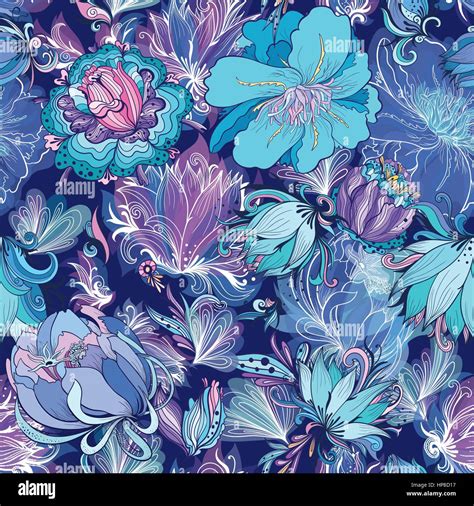 Seamless floral texture with doodle lily, lotus and peonies on dark blue background Stock Vector ...