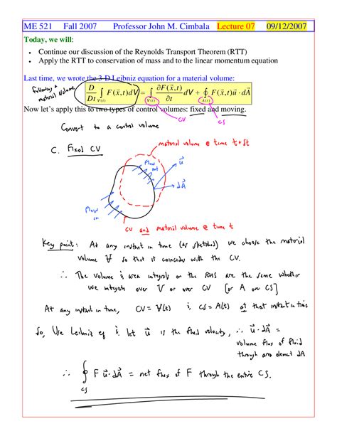 Reynolds Transport Theorem - Foundations of Fluid Mechanics I - Handout - Docsity