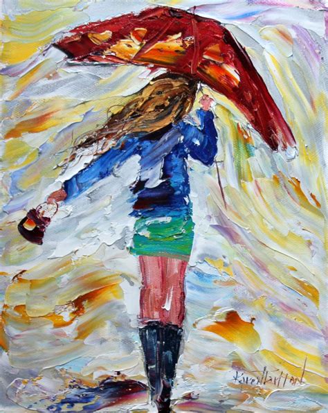 Original oil painting Red Umbrella Rain girl palette knife