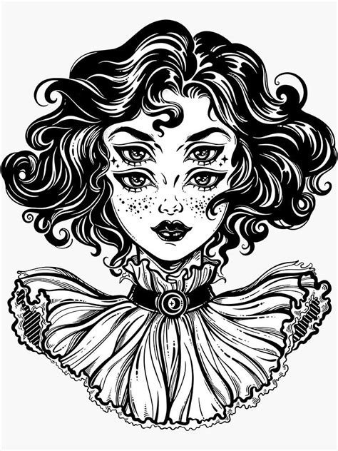 "Gothic witch girl head portrait with curly hair and four eyes." Sticker by KatjaGerasimova ...