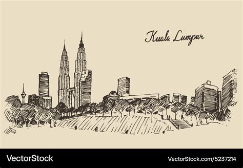 Kuala lumpur skyline engraved hand drawn sketch Vector Image