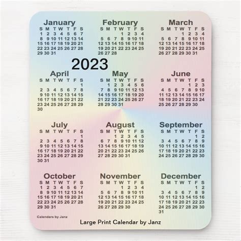 2023 Rainbow Cloud Large Print Calendar by Janz Mouse Pad | Zazzle