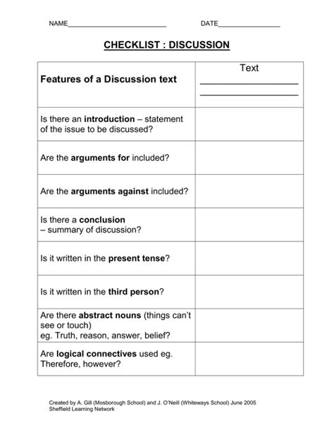 CHECKLIST : DISCUSSION Features of a Discussion text Text