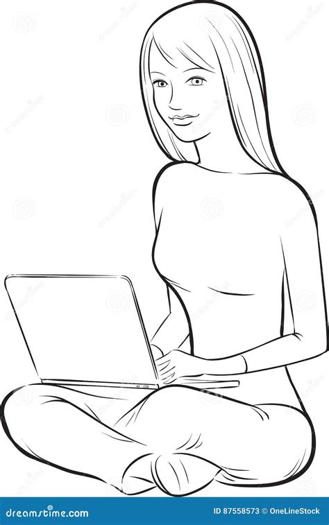 Whiteboard Drawing - Girl Sitting with Laptop Computer Stock Vector - Illustration of jeans ...